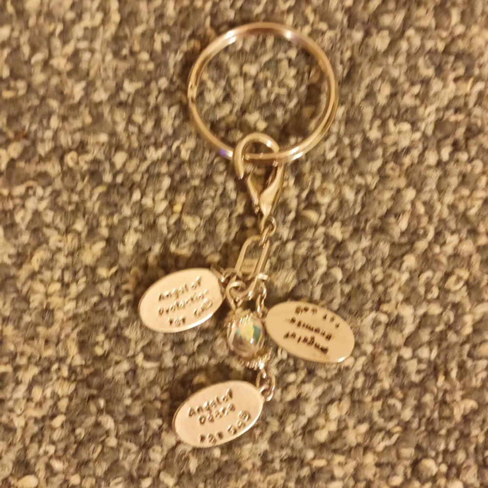 Angel silver tone keychain with inspirational religious pendents